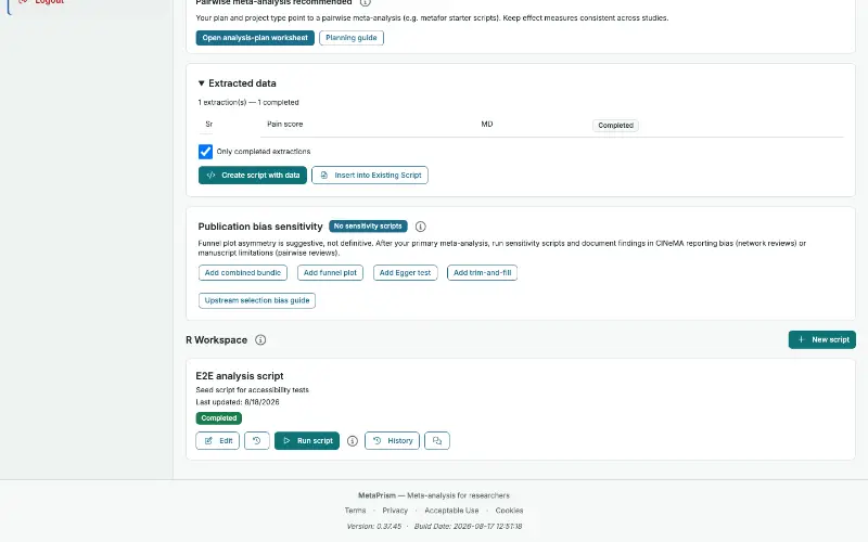 MetaPrism analysis workspace showing configured evidence synthesis