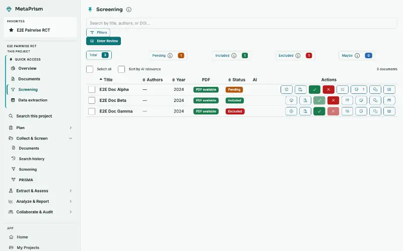 MetaPrism screening workspace with study records, filters, and review decisions